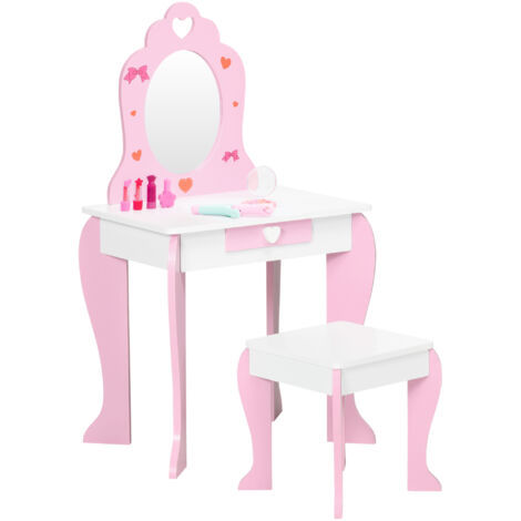Kids Dressing table Set w/ Mirror, Stool, Drawer, Cute Patterns, for Ages 3-6 Years - Pink