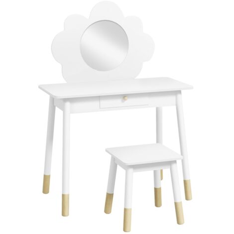 Kids Dressing Table with Mirror, Stool, Drawer, Cloud Design, White