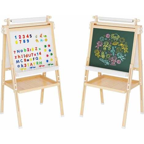 Double Sided Wooden Kids Easel Drawing Board with Magnetic Chalkboard 100+ Accessories Dry Erase White Board & Paper Roll Classroom Painting Art Set Kids & Toddlers 2-4 4-8 9-12 Art Easel for Kids 
