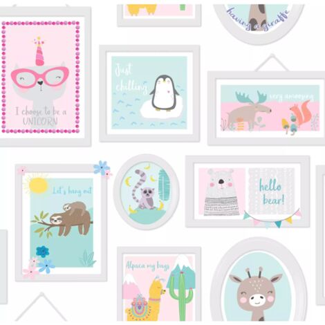 Kids Girls Child Nursery Wallpaper Pink Teal llamas Giraffes Penguins Animal Fun