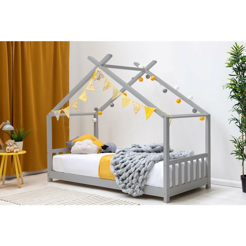 Kids Grey Canopy Wooden House Bed Frame Single 3ft - Grey
