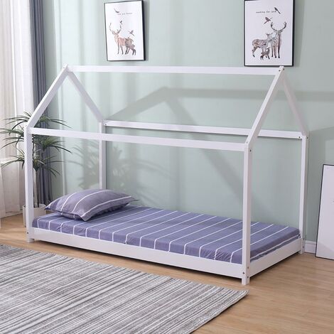 main image of "Kids House Bed 3ft Single Solid Wooden White Frame Child Treehouse Toddler Bed"