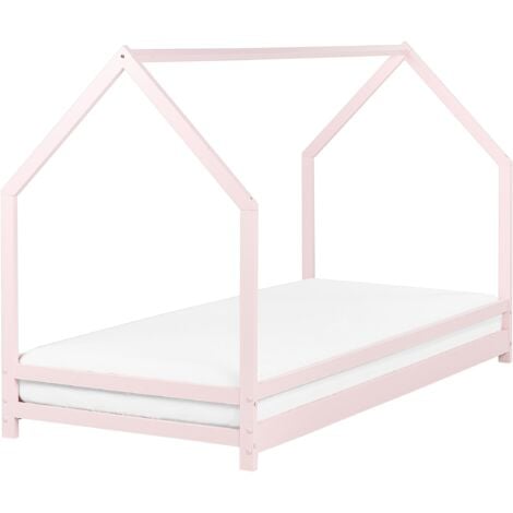 BELIANI Kids House Bed Pine Wood EU Single Size 3ft with Slatted Base Pastel Pink Appy