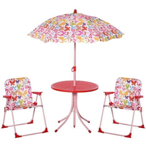 Kids Outdoor Bistro Table and Chair Set Butterfly Pattern Garden Patio Backyard with Removable & Height Adjustable Parasol