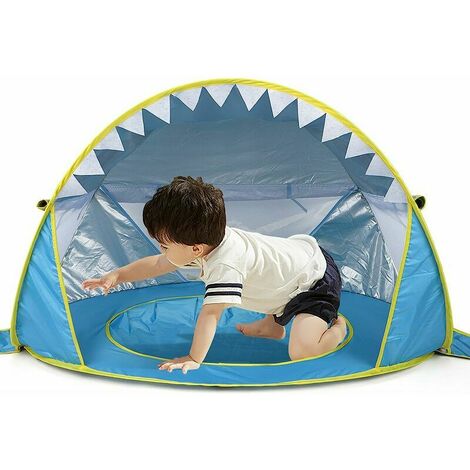 Kids Pool Blue-Pop Up Baby Beach Tent con piscina, Portable Shark Sun Shelter Tent con protección UPF UV 50+ para niños pequeños de 3 a 72 meses