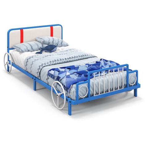 Kids Single Bed Frame 3FT Metal Slat Support Bedstead With Padded Headboard