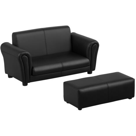 Kids Sofa Bed Kids Twin Sofa Toddler Chair 2 Seater Kids Twin Sofa Chair Boys Girls Couch w/ Footstool (Black)