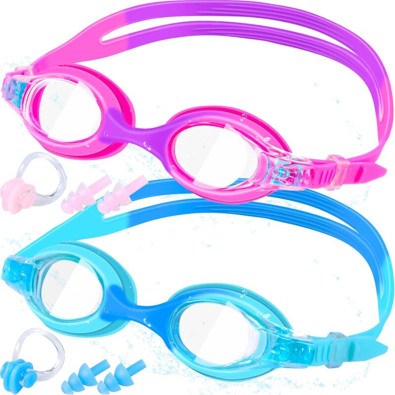 Kids Swimming Goggles, [2 Pcs] Kids Swimming Goggles, Adjustable Swimming Goggles with Earplugs and Nose Clip, Anti-Fog uv Protection No Leakage for