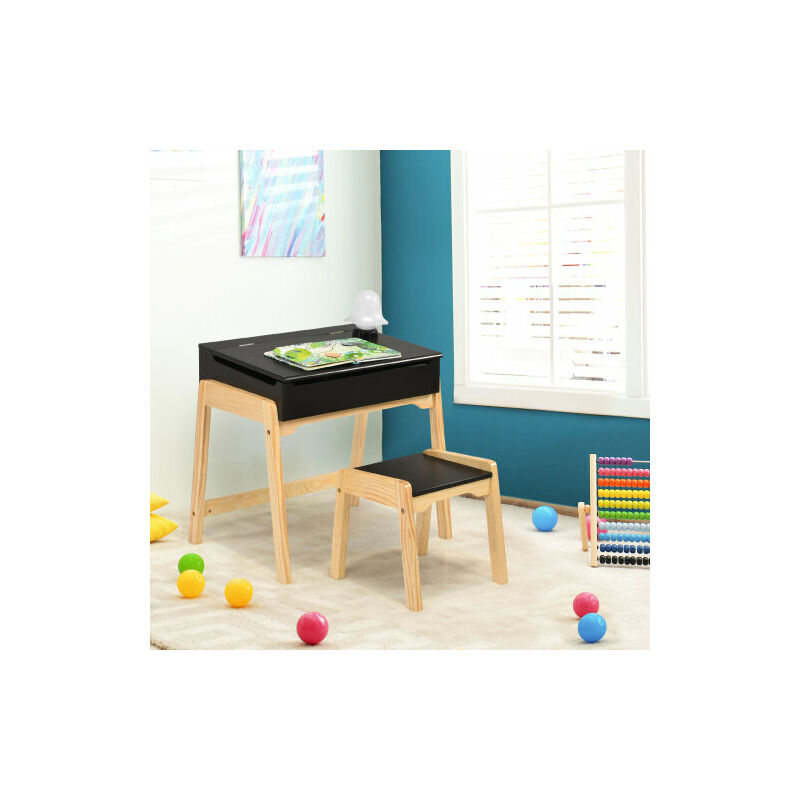 Kids Table and Chair Set Children Wooden Activity Desk Set With Storage Drawer