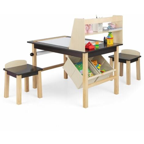 Kids Table & Chair Set Children Wooden Toddler Drawing Art Desk w/ 2-Tier Shelf