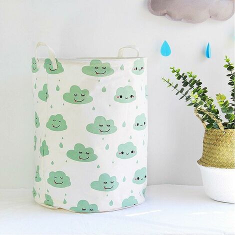 Kids Toy Storage Basket, Large Foldable Laundry Basket Cotton Storage Box with Handle - Green Clouds, White