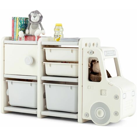Kids Toy Storage Organizer Truck-shaped Toddler Storage Cabinet 2 Plastic Bins