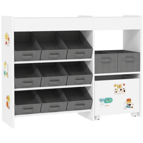 Kids Toy Storage Unit with 11 Bins, Cabinet, Top Shelves, 3 Stickers, for Nursery, Playroom, White