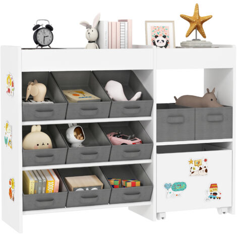 Kids Toy Storage Unit with 11 Bins, Cabinet, Top Shelves, 3 Stickers, for Nursery, Playroom, White