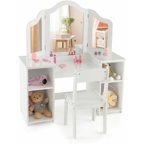 Kids Vanity Makeup Dressing Table & Chair Set Tri-Folding Mirror 4 Open Storage