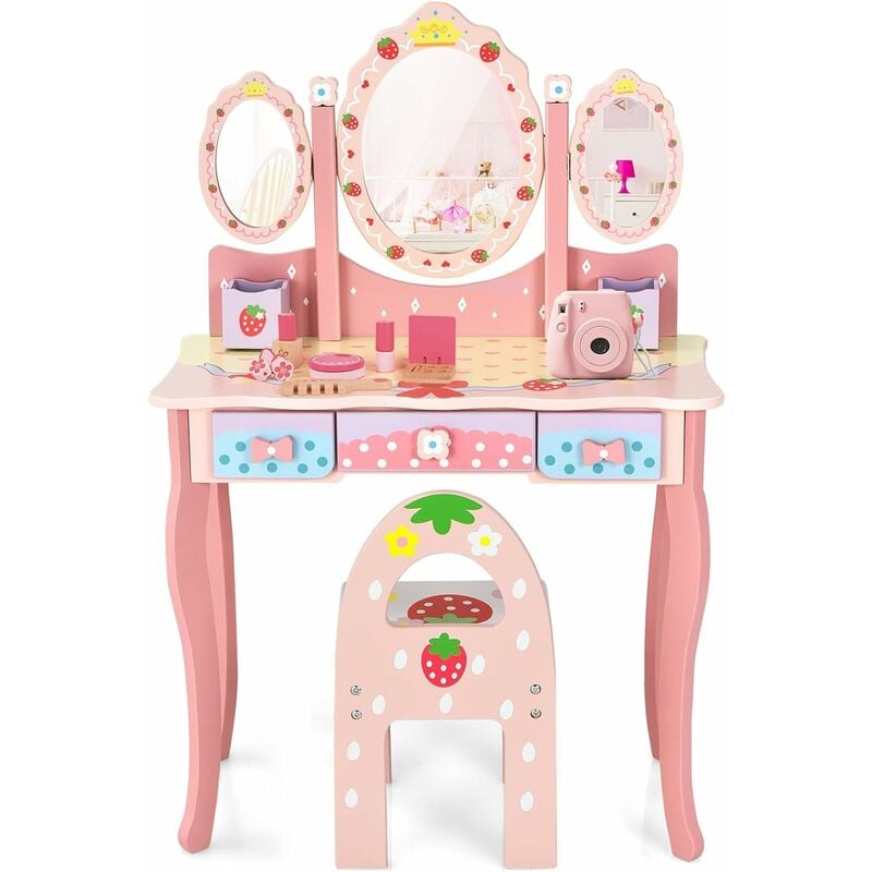 Kids Vanity Table and Chair, Girls Dressing Table with Tri-Folding Mirror, Drawers and Storage Boxes, Cute Playroom Bedroom Furniture for Toddlers
