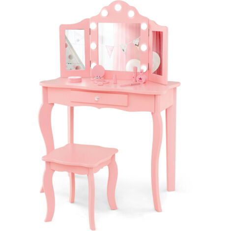 Kids Vanity Table and Stool Set 2-in-1 Princess Makeup Vanity Set w/Mirror