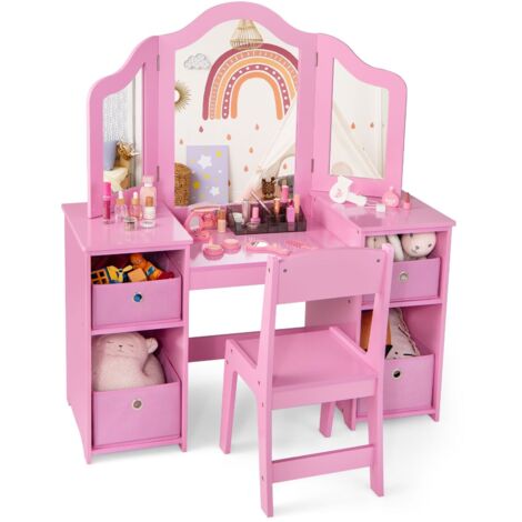 Kids Vanity Table & Chair Set 2-in-1 Princess Pretend Play Makeup Vanity