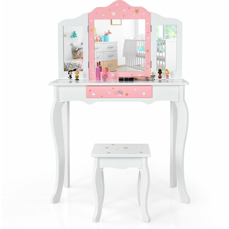 Kids Vanity Table & Stool Set Beauty Makeup Dressing Table Detachable Top