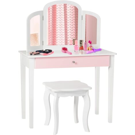 Kids Vanity Table & Stool Set Princess Makeup Dressing Table w/ Drawer & Tri-folding Mirror
