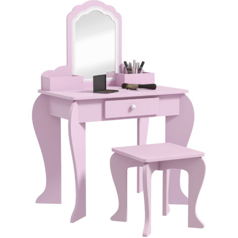 Kids Vanity Table with Mirror, Stool, Drawer, Storage Boxes, Cloud Design, for Ages 3-6 Years - Pink