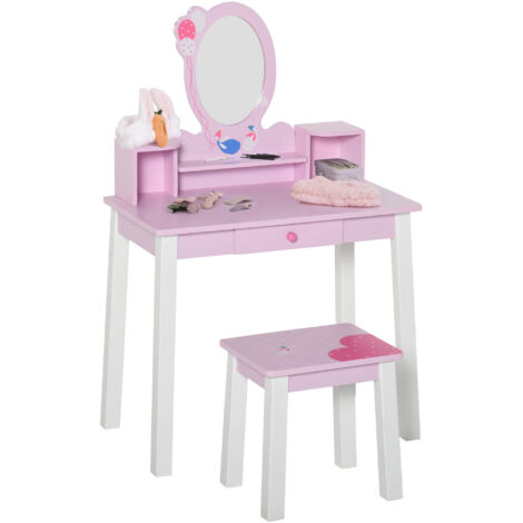 Kids Wooden Dressing Table and Stool Make Up Desk (Pink)