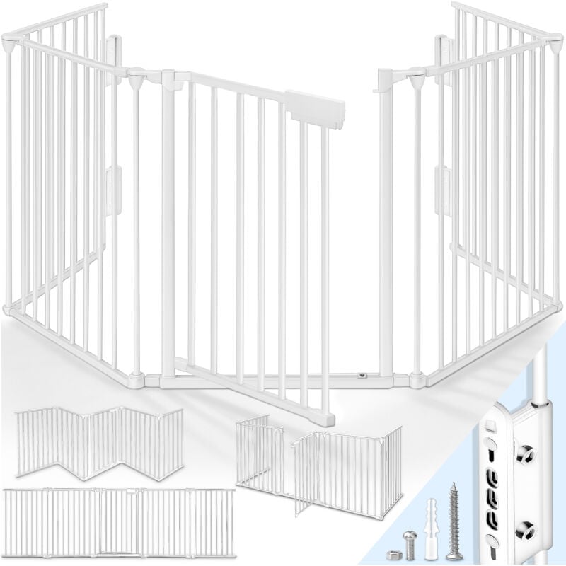 Kiduku - Barrière de sécurité enfant Blanc - grande version 305 cm Grille de protection métal - pliable avec porte inclus 5 éléments - Pré-assemblé