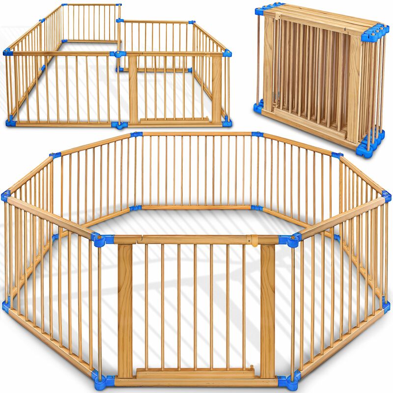 KIDUKU® Barrière de sécurité bleu Parc bébé XXL 7,2 mètres, pliant, porte inclus, à 8 pièces, forme individuelle selon votre choix