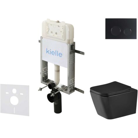 kielle Genesis New - Conjunto de instalación empotrada, inodoro Arkas I, Vortex Rimless+, asiento softclose y pulsador Gemini New II, negro mate 30528SZ95