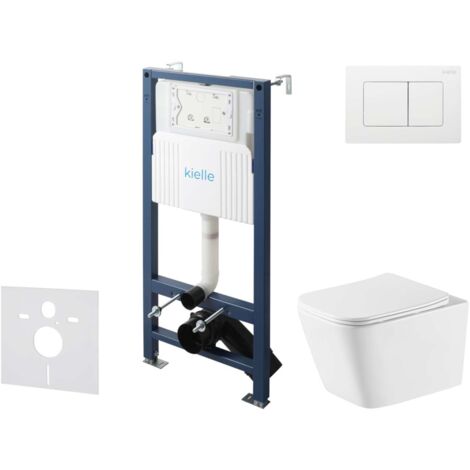 kielle Genesis New - Conjunto de instalación empotrada, inodoro Arkas I, Vortex Rimless+, asiento softclose y pulsador Gemini New III, blanco brillante 30528SS79