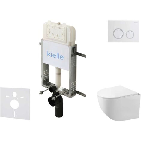kielle Genesis New - Conjunto de instalación empotrada, inodoro compacto Gaia Rimless, asiento soft-close y pulsador Gemini New I, blanco brillante/cromo 30528SZ85