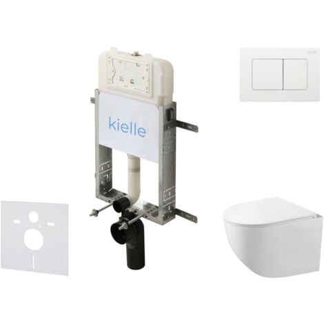 kielle Genesis New - Conjunto de instalación empotrada, inodoro compacto Gaia, Rimless, asiento softclose y pulsador Gemini New III, blanco brillante 30528SZ88