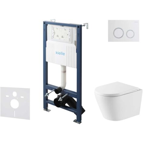 kielle Genesis New - Conjunto de instalación empotrada, inodoro Nefia, Vortex Rimless+, asiento softclose y pulsador Gemini New II, blanco brillante/cromo 30528SS49