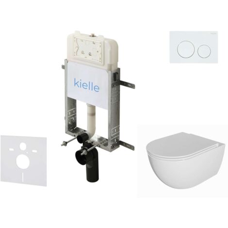 kielle Genesis New - Conjunto de instalación empotrada, inodoro Oudee Rimless, asiento softclose y pulsador Gemini New I, blanco brillante 30528SZ01