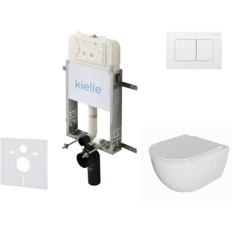 kielle Genesis New - Conjunto de instalación empotrada, inodoro Oudee, Rimless, asiento softclose y pulsador Gemini New III, blanco brillante 30528SZ07