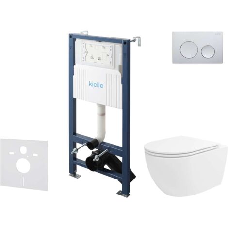 kielle Genesis New - Conjunto de instalación empotrada, inodoro Oudee, Vortex Rimless+, asiento con cierre suave y pulsador Gemini New I, cromo brillante 30528SS29