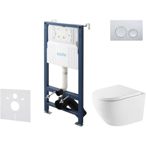 kielle Genesis New - Conjunto de instalación empotrada, inodoro Oudee, Vortex Rimless+, asiento con cierre suave y pulsador Gemini New I, cromo brillante 30528SS65