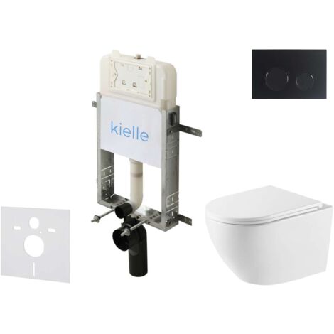 kielle Genesis New - Conjunto de instalación empotrada, inodoro Oudee, Vortex Rimless+, asiento softclose y pulsador Gemini New II, negro mate 30528SZ60