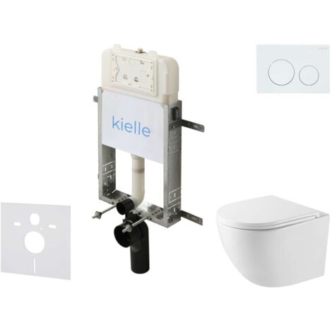 kielle Genesis New - Set bâti-support, WC compact Oudee, Vortex Rimless+, abattant softclose et bouton-poussoir Gemini New I, blanc brillant 30528SZ37