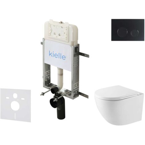 kielle Genesis New - Set bâti support, WC compact Oudee, Vortex Rimless+, abattant softclose et bouton-poussoir Gemini New II, noir mat 30528SZ42
