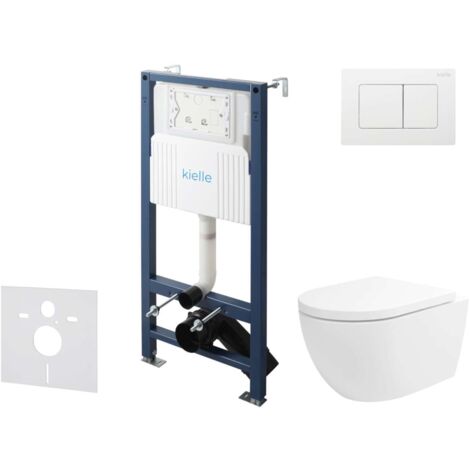 kielle Genesis New - Set bâti-support, WC Oudee, Vortex Rimless+, abattant softclose et bouton-poussoir Gemini New III, blanc brillant 30528SS25
