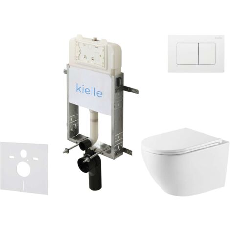 kielle Genesis New - Set bâti-support, WC Oudee, Vortex Rimless+, abattant softclose et bouton-poussoir Gemini New III, blanc brillant 30528SZ61