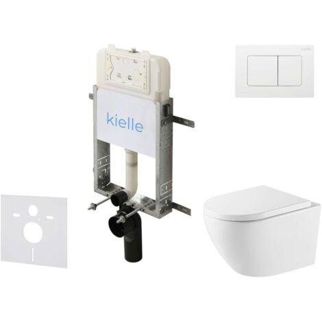 kielle Genesis New - Set bâti-support, WC Oudee, Vortex Rimless+, abattant softclose et bouton-poussoir Gemini New III, blanc brillant 30528SZ70