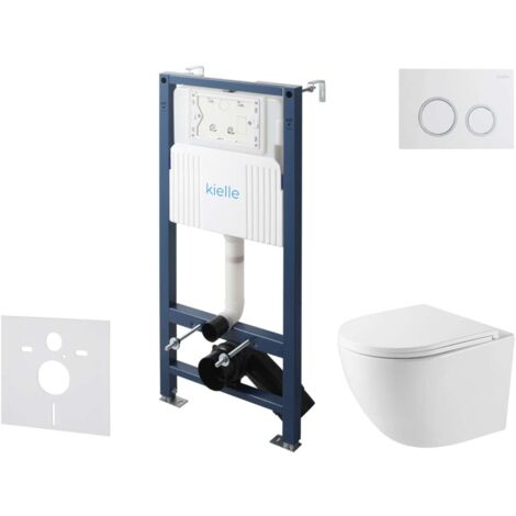 kielle Genesis New - Set di installazione pre-parete, WC compatto Oudee, Vortex Rimless+, sedile softclose e pulsanti Gemini New II, bianco lucido/cromo 30528SS40