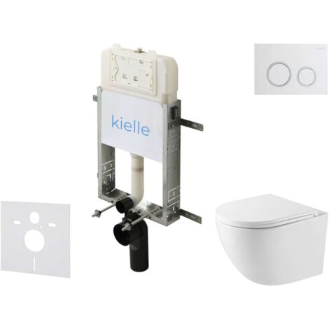 kielle Genesis New - Set di installazione pre-parete, WC compatto Oudee, Vortex Rimless+, sedile softclose e pulsanti Gemini New II, bianco lucido/cromo 30528SZ40