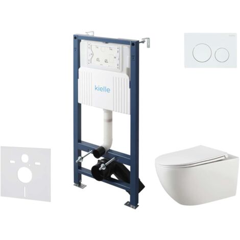 kielle Genesis New - Set di installazione pre-parete, WC Gaia, Rimless, sedile softclose e pulsanti Gemini New I, bianco lucido 30528SS10
