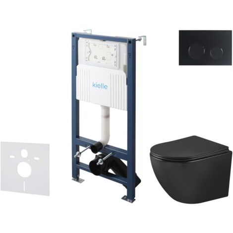 kielle Genesis New - Set di installazione pre-parete, WC Oudee, Vortex Rimless+, sedile softclose e pulsanti Gemini New II, nero opaco 30528SS92