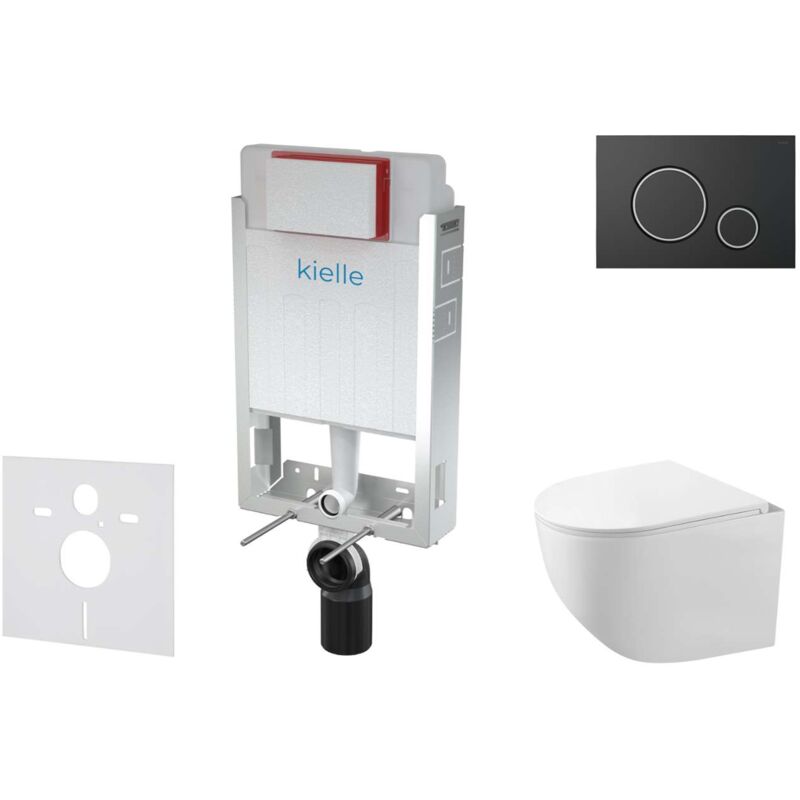 Kielle - Genesis - Set bâti-support, cuvette compacte Gaia, abattant softclose et plaque de déclenchement Gemini ii, noir mat / chrome 30505SZ30