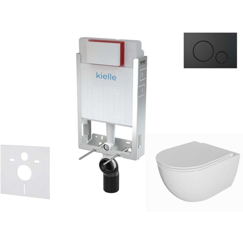 Kielle - Genesis - Set bâti-support, cuvette Oudee, abattant softclose et plaque de déclenchement Gemini iv, noir mat 30505SZ72