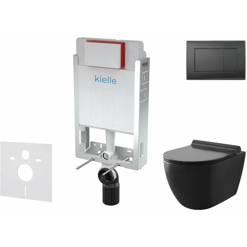 kielle Genesis - Set de bâti-support, cuvette Gaia, abattant softclose et plaque de déclenchement Gemini III, noir mat 30505SZ12